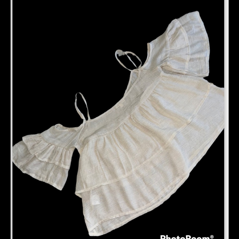 May & July Off the Shoulder Cascading Ruffle Top beige